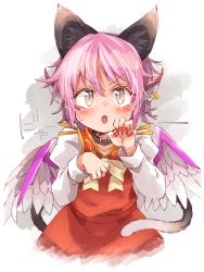Rule 34 | 1girl, animal ears, bird ears, bird wings, blush, cat ears, cat tail, chen, chen (cosplay), collarbone, cosplay, dress, earrings, fang, fingernails, ini (inunabe00), jewelry, juliet sleeves, long fingernails, long sleeves, multiple tails, mystia lorelei, nail polish, open mouth, pink hair, puffy sleeves, red dress, red nails, sharp fingernails, short hair, single earring, solo, tail, touhou, two tails, white wings, wings, yellow eyes