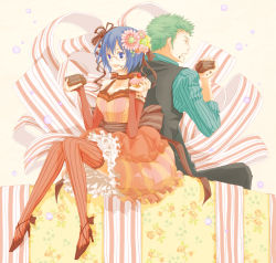 Rule 34 | 1boy, 1girl, alternate costume, back-to-back, bare shoulders, blue eyes, blue hair, bow, breasts, brownies, cake, choker, cleavage, cupcake, detached sleeves, dress, eating, food, food on face, frills, fruit, glasses, green hair, high heels, kigisu, matching hair/eyes, one piece, open mouth, ribbon, roronoa zoro, shirt, shoes, sitting, smile, strawberry, striped clothes, striped shirt, striped thighhighs, tashigi, thighhighs, vest
