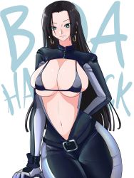 Rule 34 | 1girl, :3, absurdres, arm at side, arm behind back, bikini, black bodysuit, black hair, blue eyes, boa hancock, bodysuit, breasts, breasts out, character name, cleavage, closed mouth, commentary, cowboy shot, earrings, english commentary, forehead, highres, huge breasts, jewelry, large breasts, long hair, looking at viewer, one piece, opalis, simple background, single earring, snake earrings, solo, split mouth, string bikini, swimsuit, thick thighs, thighs, white background, wide hips, zipper pull tab