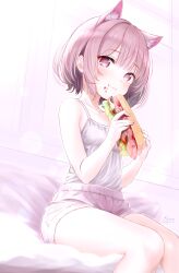 Rule 34 | 1girl, absurdres, animal ears, bare arms, bare shoulders, blush, breasts, cat ears, closed mouth, collarbone, dated, eating, feet out of frame, fluno, food, food on face, highres, holding, holding food, indoors, looking at viewer, original, pink eyes, pink hair, pink shorts, sandwich, shirt, shirt tucked in, short hair, shorts, signature, sitting, small breasts, smile, solo, spaghetti strap, thighs, white shirt