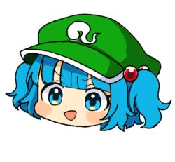 Rule 34 | 1girl, :d, blue eyes, blue hair, blush, cabbie hat, chibi, commentary request, dot nose, green hat, hair bobbles, hair ornament, hat, head only, ishiki nuru, kawashiro nitori, open mouth, short hair, simple background, smile, solo, touhou, two side up, v-shaped eyebrows, white background