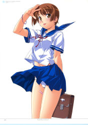 Rule 34 | 1girl, :p, absurdres, bag, bandaid, brown hair, clothes lift, face, hand on head, highres, image sample, kuuchuu yousai, panties, pantyshot, school uniform, short hair, simple background, skirt, skirt lift, solo, standing, tongue, tongue out, underwear, upskirt, wind, wind lift