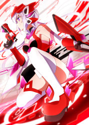 Rule 34 | 1girl, absurdres, blush, bow (weapon), breasts, cleavage, cleavage cutout, clothing cutout, crossbow, elbow gloves, from side, ginga no kou, gloves, grey hair, gun, handgun, highres, holding, holding gun, holding weapon, long hair, low twintails, medium breasts, parted lips, purple eyes, red footwear, revolver, senki zesshou symphogear, solo, squatting, thighhighs, twintails, very long hair, weapon, white background, white gloves, yukine chris