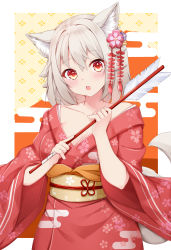 Rule 34 | 1girl, animal ear fluff, animal ears, arrow (projectile), blush, breasts, cleavage, grey hair, hair ornament, holding, holding arrow, inubashiri momiji, japanese clothes, kimono, long sleeves, looking at viewer, medium breasts, obi, open mouth, red eyes, red kimono, rururiaru, sash, short hair, solo, tail, touhou, wide sleeves, wolf ears, wolf tail