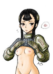 Rule 34 | 1girl, ashei, black hair, blush, bottomless, breasts, breasts apart, brown eyes, embarrassed, flying sweatdrops, gloves, kurita, nintendo, out-of-frame censoring, self exposure, sidelocks, simple background, small breasts, small nipples, solo, speech bubble, spoken blush, standing, the legend of zelda, the legend of zelda: twilight princess, white background