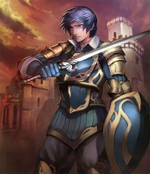 Rule 34 | 1boy, armor, artist request, blue armor, blue eyes, blue hair, brown pants, castle, closed mouth, cowboy shot, gauntlets, holding, holding shield, holding sword, holding weapon, knee pads, knight (shingeki no bahamut), looking ahead, male focus, official art, orange sky, pants, shield, shingeki no bahamut, short hair, sky, sword, third-party source, weapon