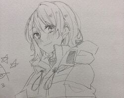 Rule 34 | 1girl, blush, closed mouth, commentary, graphite (medium), hair between eyes, highres, hood, hooded jacket, jacket, kashikaze, love live!, love live! sunshine!!, short hair, solo, traditional media, upper body, watanabe you, zipper