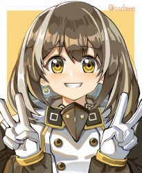 Rule 34 | 1girl, absurdres, arknights, bird mask, border, brown coat, brown hair, buttons, ccclann, coat, commentary request, double-breasted, double v, earrings, gloves, grin, highres, huge filesize, jewelry, looking at viewer, magallan (arknights), mask, mask around neck, medium hair, multicolored hair, parted lips, single earring, smile, solo, streaked hair, teeth, upper body, v, white border, white coat, white gloves, white hair, winter clothes, yellow background, yellow eyes