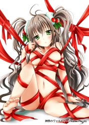 Rule 34 | 1girl, :&lt;, barefoot, breasts, brown hair, censored, feet, green eyes, long hair, medium breasts, naked ribbon, nude, picpicgram, red ribbon, ribbon, shinkai no valkyrie, sitting, soles, solo, toes, twintails