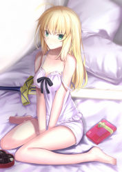 Rule 34 | 1girl, alternate costume, alternate hairstyle, artoria pendragon (all), artoria pendragon (fate), bed, blonde hair, box, breasts, collarbone, excalibur (fate/stay night), fate/grand order, fate (series), gift, gift box, green eyes, hair down, highres, long hair, looking at viewer, neko daruma, nightshirt, on bed, pillow, saber (fate), shirt, shorts, sitting, small breasts, solo, strap slip, sword, valentine, wariza, weapon, white shirt, white shorts