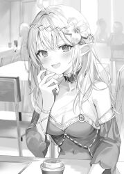 Rule 34 | 1girl, absurdres, ahoge, alisa mikhailovna kujou, bare shoulders, blush, breasts, chair, coffee cup, covered navel, cup, disposable cup, fake elf ears, flower, greyscale, hair flower, hair ornament, hand up, highres, indoors, jewelry, long hair, looking at viewer, medium breasts, momoko (momopoco), monochrome, novel illustration, official art, open mouth, smirk, table, tokidoki bosotto roshia-go de dereru tonari no arya-san