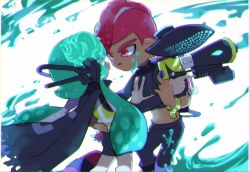 Rule 34 | 1boy, 1girl, agent 3 (splatoon), agent 8 (splatoon), aqua eyes, aqua hair, bike shorts, black cape, black pants, cape, eye contact, hand on another&#039;s back, hand on another&#039;s chest, headgear, hero shot (splatoon), holding, inkling, inkling girl, inkling player character, kirikuchi riku, long hair, long sleeves, looking at another, mohawk, navel, nintendo, octoling, octoling boy, octoling player character, octoshot (splatoon), open mouth, paint, pants, pink eyes, pink hair, short hair, single sleeve, splatoon (series), splatoon 2, splatoon 2: octo expansion, squidbeak splatoon, suction cups, tentacle hair, torn cape, torn clothes, vest, zipper, zipper pull tab