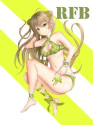 Rule 34 | 1girl, bad id, bad pixiv id, bare shoulders, barefoot, bikini, blonde hair, blush, bow, breasts, character name, cleavage, closed mouth, collarbone, double bun, full body, girls&#039; frontline, green bikini, green eyes, hair bow, hair bun, highres, long hair, looking at viewer, lying, medium breasts, navel, on side, rfb (girls&#039; frontline), ryn (rinorea), simple background, smile, solo, swimsuit