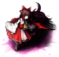 Rule 34 | 1girl, ascot, bow, brown eyes, brown hair, danganronpa (series), detached sleeves, frilled shirt collar, frills, from above, full body, gohei, hair bow, hakurei reimu, highres, japanese clothes, long hair, long sleeves, looking at viewer, looking up, matching hair/eyes, miko, overskirt, pale skin, parody, parted lips, red bow, ribbon-trimmed sleeves, ribbon trim, shirt, skirt, skirt set, sleeveless, sleeveless shirt, solo, style parody, taku (harajuku), touhou, transparent background, very long hair, wide sleeves