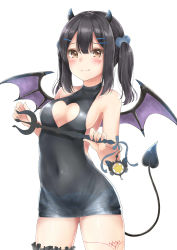 Rule 34 | 1girl, absurdres, alternate costume, alternate hair ornament, bare shoulders, bat wings, black dress, black hair, blush, breasts, cleavage, cleavage cutout, closed mouth, clothing cutout, commentary request, covered navel, demon girl, demon horns, demon tail, dress, facial tattoo, fate/kaleid liner prisma illya, fate (series), hair ornament, hairclip, highres, holding, horns, leg tattoo, long hair, looking at viewer, medium breasts, mikujin (mikuzin24), miyu edelfelt, simple background, smile, standing, star (symbol), tail, tattoo, thighhighs, twintails, white background, wings