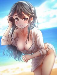 Rule 34 | 1girl, beach, blush, bow, bow hairband, breasts, brown eyes, brown hair, cleavage, closed mouth, cloud, cloudy sky, collarbone, day, feet out of frame, hair between eyes, hair bow, hair ornament, hairband, hairclip, hand in own hair, hand up, hanging breasts, haruna (kancolle), highres, hood, hood down, hooded jacket, jacket, kantai collection, large breasts, leaning forward, legs together, long hair, looking at viewer, no bra, nuka (nvkka), ocean, off shoulder, outdoors, partially unzipped, sarong, single bare shoulder, sky, smile, solo, standing, straight hair, sunlight, swept bangs, unzipping, water, white bow, white hair, white jacket, white sarong