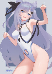 Rule 34 | 1girl, armpits, bare shoulders, black ribbon, blue eyes, blush, braid, braided bangs, breasts, clothing cutout, cone hair bun, earrings, grey hair, hair bun, hair ornament, hair ribbon, highleg, highleg swimsuit, hololive, hololive indonesia, jdpr, jewelry, long hair, looking at viewer, medium breasts, navel, navel cutout, one-piece swimsuit, open mouth, ribbon, smile, solo, swimsuit, teeth, thighs, upper teeth only, vestia zeta, virtual youtuber, white one-piece swimsuit