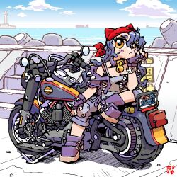 Rule 34 | 1girl, :&lt;, blue hair, boots, breasts, camisole, cleavage, frown, hand on own cheek, hand on own face, lighthouse, medium breasts, motor vehicle, motorcycle, necosuke, ocean, on motorcycle, orange eyes, original, outdoors, seaside, sitting, sky, solo, stairs, wavy hair