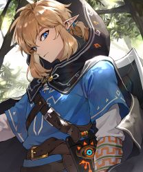 Rule 34 | 1boy, black cape, blonde hair, blue eyes, blue tunic, cape, closed mouth, commentary, hair between eyes, highres, hood, hood up, hooded cape, leaf, link, looking at viewer, male focus, monza (saeumon), nintendo, outdoors, pointy ears, ponytail, sheikah slate, shield, shield on back, short ponytail, sidelocks, solo, sparkle, the legend of zelda, the legend of zelda: breath of the wild, tree, tunic, upper body