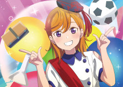 Rule 34 | 1girl, absurdres, al aoi aoba, alternate costume, artist painter, ball, collared shirt, hands up, hat, highres, long hair, looking at viewer, love live!, love live! superstar!!, multicolored background, orange hair, pointing, pointing up, purple eyes, shibuya kanon, shirt, signature, smile, soccer ball, solo, teeth, upper body, white shirt