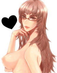 Rule 34 | 1girl, atlus, breasts, brown eyes, brown hair, catherine (game), eyebrows, female focus, glasses, heart, katherine mcbride, large breasts, long hair, looking at viewer, nail polish, nipples, pmg (kotorisan), simple background, solo, topless, topless frame, white background