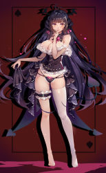 Rule 34 | 1girl, absurdres, bare shoulders, black hair, black panties, bow, bow panties, breasts, bridal garter, bustier, card, cleavage, detached collar, full body, hair wings, head wings, highres, lace trim, large breasts, lips, lipstick, long hair, makeup, melailai, no shoes, original, panties, pink bow, pink eyes, pink ribbon, ribbon, sidelocks, single thighhigh, solo, spade (shape), thighhighs, underwear, white thighhighs, wings