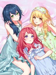 3girls :p alternate_costume bed_sheet blonde_hair blush braid byakko_creator collarbone commentary_request fujita_kotone gakuen_idolmaster hair_over_shoulder hanami_saki highres idolmaster looking_at_viewer mask mask_on_head multiple_girls red_hair sleep_mask sleepwear tongue tongue_out tsukimura_temari watermark