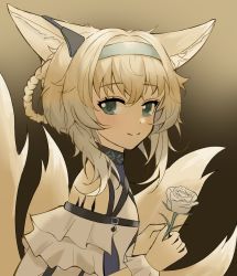 Rule 34 | 1girl, animal ear fluff, animal ears, ao to yoru, aqua hairband, arknights, blush, flower, fox ears, fox girl, fox tail, hair rings, hairband, highres, holding, holding flower, kitsune, kyuubi, lily of the valley, looking at viewer, multiple tails, rose, solo, suzuran (arknights), tail, white wrist cuffs, wrist cuffs