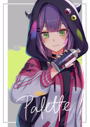 Rule 34 | 1girl, absurdres, adapted costume, backpack, badge, bag, black choker, blush, button badge, can, character name, choker, closed mouth, english text, green eyes, green nails, hair ornament, hairclip, highres, holding, holding can, hololive, hood, hood up, hoodie, looking at viewer, multicolored nails, nail polish, o-ring, o-ring choker, pink nails, purple hair, sidelocks, smile, solo, spray can, spray paint, tokoyami towa, touri tarou (misconception), upper body, virtual youtuber