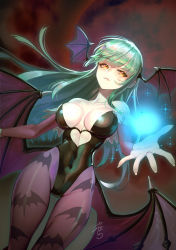 Rule 34 | 1girl, animal print, artist name, bat print, black leotard, breasts, bridal gauntlets, cleavage, closed mouth, collarbone, commentary request, covered navel, demon girl, energy, energy ball, fingernails, glowing, green hair, head wings, highleg, highleg leotard, large breasts, leotard, lips, long hair, looking at viewer, low wings, morrigan aensland, pale skin, pantyhose, purple pantyhose, shiny clothes, signature, simple background, solo, sparkle, strapless, strapless leotard, vampire (game), wings, yamahara, yellow eyes