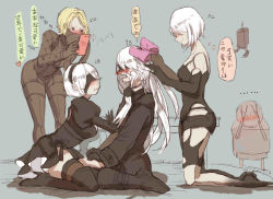 Rule 34 | 1boy, 3girls, artist request, black dress, black footwear, black hairband, blindfold, blonde hair, blush, boots, bow, cellphone, character name, commentary request, covered eyes, crossdressing, dress, elbow gloves, embarrassed, feather-trimmed sleeves, gloves, hair bow, hairband, highleg, highleg leotard, highres, japanese text, juliet sleeves, leotard, long hair, long sleeves, mole, mole under mouth, multiple girls, nier (series), nier:automata, nose blush, operator 21o, phone, pink bow, pod (nier:automata), puffy sleeves, ribbed dress, short hair, silver hair, smartphone, smile, text focus, thigh boots, thighhighs, thighhighs under boots, translation request, 2b (nier:automata), 9s (nier:automata), a2 (nier:automata)