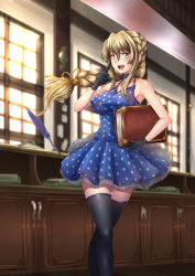 Rule 34 | 1girl, :d, adsouto, artist name, black gloves, black thighhighs, blonde hair, blue dress, blurry, blurry background, braid, braided ponytail, breasts, collarbone, covered erect nipples, dress, feathers, floating hair, gloves, goblin slayer!, guild girl (goblin slayer!), hair between eyes, hair ribbon, highres, holding, indoors, light particles, long hair, medium breasts, no bra, open mouth, polka dot, polka dot dress, ponytail, purple feathers, ribbon, shiny skin, short dress, sleeveless, sleeveless dress, smile, solo, thighhighs, very long hair, yellow eyes, yellow ribbon, zettai ryouiki
