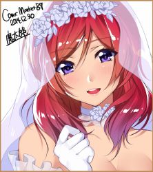 Rule 34 | 10s, 1girl, 2014, :d, artist name, bad id, bad twitter id, bare shoulders, breasts, bridal veil, choker, cleavage, comiket 87, dated, flower, gloves, hair flower, hair ornament, looking at viewer, love live!, love live! school idol project, mataro (matarou), nishikino maki, open mouth, purple eyes, red hair, signature, smile, solo, veil, white gloves