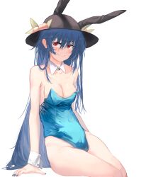 Rule 34 | 1girl, absurdres, animal ears, blue hair, blue leotard, blue nails, blush, commentary, commission, detached collar, english commentary, hat, highres, hinanawi tenshi, leotard, long hair, looking at viewer, peach hat ornament, playboy bunny, rabbit ears, red eyes, sitting, solo, sparkle71059204, touhou, wrist cuffs