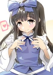 Rule 34 | 1girl, \||/, black hair, blue bow, blunt bangs, blush, bow, brown eyes, dress, hair bow, heart, long hair, long sleeves, looking at viewer, one-hour drawing challenge, polpol, ribbon, simple background, smile, solo, spoken heart, star sapphire, touhou, white background