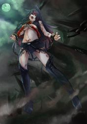 Rule 34 | 1girl, animal ears, arm tattoo, belt, black belt, black bra, black footwear, black hair, black shorts, boots, bra, breasts, chain, chained, chained wrists, chain, fangs, floating, full moon, hair over eyes, highres, image sample, knee boots, large breasts, leg tattoo, long hair, moon, navel, night, night sky, open mouth, original, outdoors, sakura inu, shorts, sky, suspenders, tagme, tattoo, torn clothes, twitter sample, underboob, underwear, wolf ears