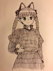 Rule 34 | 1girl, animal ears, blush, bow, braid, cat ears, closed mouth, dress, greyscale, hair bow, highres, juliet sleeves, kaenbyou rin, long sleeves, looking at viewer, marker (medium), monochrome, photo (medium), pointy ears, poronegi, puffy sleeves, smile, solo, touhou, traditional media, twin braids