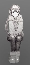 Rule 34 | 10s, 1girl, akebono (kancolle), bad id, bad twitter id, bell, black pantyhose, boots, do (artist), flower, graphite (medium), greyscale, hair bell, hair flower, hair ornament, highres, jacket, jingle bell, kantai collection, long hair, monochrome, pantyhose, side ponytail, simple background, solo, traditional media, very long hair