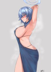 Rule 34 | 1girl, absurdres, ako (blue archive), ako (dress) (blue archive), arm behind head, arm up, armpits, backless dress, backless outfit, bare shoulders, blue archive, blue dress, blue eyes, blue hair, blue halo, breasts, closed mouth, dress, full body, hairband, halo, highres, large breasts, long sleeves, looking at viewer, medium hair, official alternate costume, short hair, sideboob, simple background, sleeveless, solo, standing, sweat, sweatdrop, upper body, white background