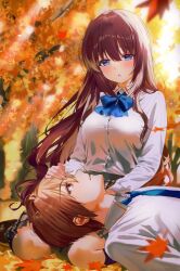 1boy 1girl a-chan_(little_busters!) autumn autumn_leaves backlighting blue_bow blue_bowtie blue_eyes blue_necktie blurry bow bowtie breasts brown_eyes brown_hair collared_shirt commentary_request couple depth_of_field dress_shirt eyelashes eyeliner eyes_visible_through_hair fingernails floating_hair full_body grey_skirt hair_between_eyes headpat hetero highres lap_pillow large_breasts little_busters! little_busters!_school_uniform long_hair long_sleeves looking_at_another makeup miiizuno_lbs natsume_kyousuke necktie outdoors parted_lips plaid_clothes plaid_skirt profile school_uniform shirt short_hair sitting skirt sunlight tsurime upper_body very_long_hair wariza white_shirt wind