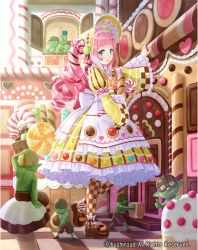 Rule 34 | 1girl, apron, bow, cake, candy, candy hair ornament, cardfight!! vanguard, checkered clothes, checkered legwear, company name, cookie, doll, doll joints, dress, drill hair, facial tattoo, food, food-themed hair ornament, full body, goblin, goggles, green eyes, hair ornament, hat, heart, joints, lolita fashion, long hair, nightmare doll dory, official art, open mouth, pantyhose, petticoat, pink hair, pointy ears, solo, solo focus, standing, tadokoro teppei, tattoo, thumbprint cookie, twintails, wafer stick, window