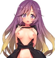 Rule 34 | 1girl, bad id, bad pixiv id, black dress, blonde hair, blush, breasts, breasts out, dress, gradient hair, hands on own chest, hijiri byakuren, long hair, looking at viewer, medium breasts, multicolored hair, navel, nipples, no bra, no panties, open clothes, open dress, open mouth, out-of-frame censoring, purple eyes, purple hair, sash, sawayaka samehada, smile, solo, touhou, very long hair