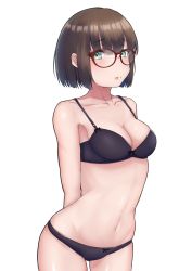 1girl, absurdres, akitoh-shino, arms behind back, bangs, black bra, black panties, blush, bob cut, bow, bow bra, bow panties, bra, breasts, brown hair, collarbone, cowboy shot, eyebrows visible through hair, glasses, gluteal fold, green eyes, highres, looking at viewer, mole, mole on cheek, mole under eye, navel, open mouth, original, panties, red-framed eyewear, short hair, simple background, solo, standing, underwear, underwear only