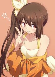 Rule 34 | 1girl, arm at side, bare shoulders, bow, brown hair, clenched teeth, collarbone, cropped jacket, dress, fingernails, frilled bow, frills, grin, hair between eyes, hair bow, half-closed eyes, halter dress, halterneck, hand up, highres, jacket, light blush, looking at viewer, magia record: mahou shoujo madoka magica gaiden, mahou shoujo madoka magica, orange background, orange eyes, orange jacket, parted lips, plaid, plaid jacket, shiny skin, side ponytail, sidelocks, simple background, smile, solo, star (symbol), teeth, touyu (yuruyuruto), upper body, v, yellow bow, yellow dress, yui tsuruno, zipper, zipper pull tab