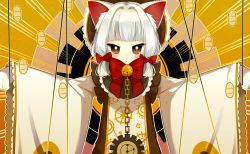 Rule 34 | 1girl, animal ears, animal hands, bell, blush, bow, brown eyes, cat ears, chain, clock, coin, commentary request, copyright request, dress, gold, hair bow, jingle bell, koban (gold), leafwow, long hair, long sleeves, looking at viewer, outstretched arms, parted lips, red bow, silver hair, solo, spread arms, white dress, wide sleeves