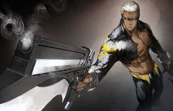 Rule 34 | 1boy, abs, black pants, buzz cut, dark skin, dark-skinned male, emiya alter, fate/grand order, fate (series), feet out of frame, foreshortening, gun, highres, holding, holding gun, holding weapon, large pectorals, looking at viewer, pectoral cleavage, male focus, muscular, muscular male, navel, nishiide kengorou, pants, pectorals, short hair, shrug (clothing), smoke, solo, stomach, undercut, very dark skin, very short hair, weapon, weapon request, white hair