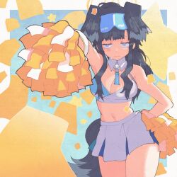 Rule 34 | 1girl, animal ears, black hair, blue archive, blue eyes, blush, border, breasts, cheerleader, cleavage, closed mouth, commentary, detached collar, dog ears, dog girl, dog tail, embarrassed, english commentary, eyewear on head, goggles, goggles on head, half-closed eyes, halo, hand on own hip, hibiki (blue archive), hibiki (cheer squad) (blue archive), highres, holding, holding pom poms, inkerton-kun, lips, long hair, looking at viewer, medium breasts, midriff, millennium cheerleader outfit (blue archive), miniskirt, navel, official alternate costume, outside border, outstretched arm, pleated skirt, pom pom (cheerleading), pom poms, reaching, reaching towards viewer, skirt, solo, standing, sweat, sweatdrop, tail, text print, thighs, white border, white skirt, yellow halo