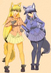 Rule 34 | 10s, 2girls, absurdres, animal ears, bad id, bad pixiv id, black gloves, black pantyhose, blonde hair, blue jacket, boots, bow, bowtie, boy (pixiv17542438), breasts, commentary request, ezo red fox (kemono friends), fang, fox ears, fox tail, fur-trimmed boots, fur-trimmed sleeves, fur trim, gloves, grey eyes, grey hair, hair between eyes, hands on own hips, highres, jacket, kemono friends, large breasts, long hair, looking at viewer, multicolored hair, multiple girls, open mouth, orange jacket, orange pantyhose, pantyhose, silver fox (kemono friends), smile, tail, yellow eyes