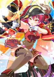 Rule 34 | 1girl, black coat, black footwear, black headwear, black thighhighs, breasts, coat, covered navel, cropped jacket, gloves, gun, hair ribbon, hat, heterochromia, highres, holding, holding gun, holding weapon, hololive, houshou marine, houshou marine (1st costume), jacket, large breasts, leotard, leotard under clothes, long hair, looking at viewer, miniskirt, navel, pirate hat, pleated skirt, porurin, red coat, red eyes, red hair, red jacket, red ribbon, red skirt, ribbon, skirt, sleeveless, sleeveless jacket, thighhighs, tongue, tongue out, two-sided coat, two-sided fabric, virtual youtuber, weapon, white gloves, yellow eyes