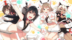 Rule 34 | &gt; &lt;, 4girls, adapted costume, animal ears, animal hands, bell, black hair, black skirt, blush, breasts, brown hair, cat ears, cat slippers, cleavage, collar, dark-skinned female, dark skin, fake animal ears, fake tail, fang, glasses, gloves, headgear, jingle bell, kantai collection, large breasts, long hair, looking at viewer, midriff, multiple girls, musashi (kancolle), mutsu (kancolle), nagato (kancolle), neck bell, paw gloves, paw print, paw print background, ponytail, sailor collar, shirt, short hair, skirt, square mouth, tail, tonarikeru, twintails, very long hair, whiskers, white background, white hair, white shirt, yamato (kancolle)